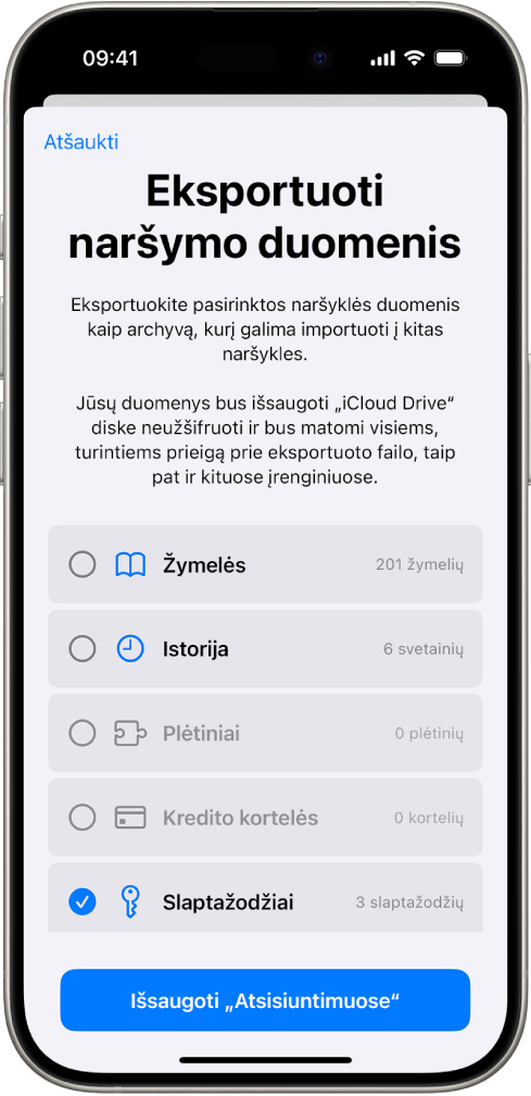 Ekrane „Naršymo duomenų eksportavimas“ rodoma pasirinkta parinktis „Slaptažodžiai“, skirta eksportuoti duomenis į kitą slaptažodžių tvarkytuvę.