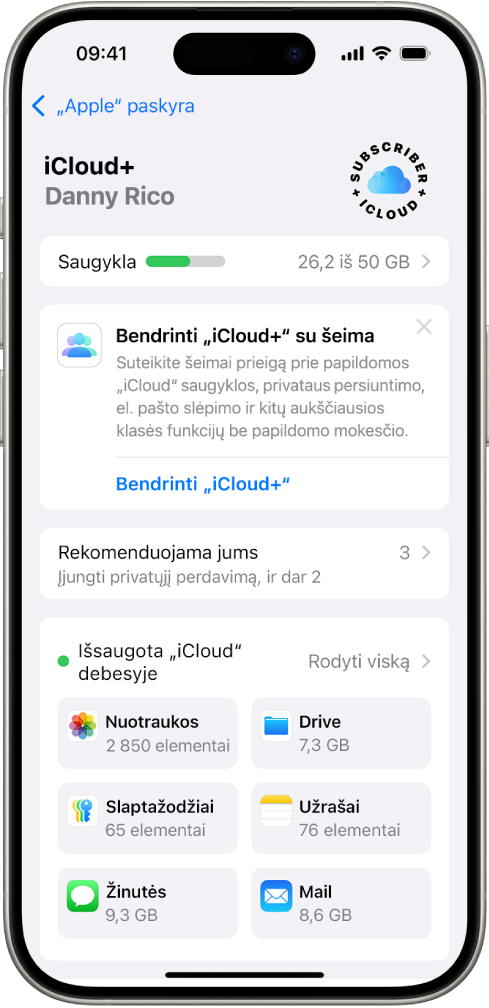 „iCloud“ nustatymų ekrane rodomas „iCloud“ saugykla“ matuoklis, funkcijų, kurias galima naudoti su „iCloud“, sąrašas, įskaitant „Nuotraukos“, „iCloud Drive“ ir „iCloud“ atsarginė kopija“.