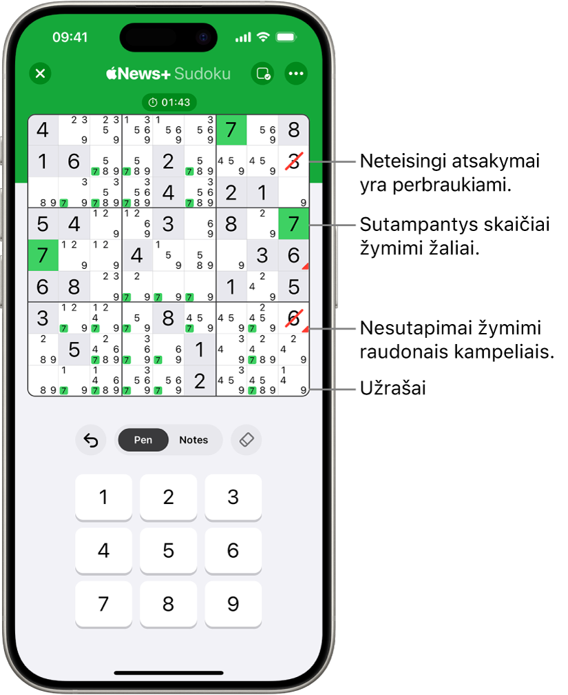 „Sudoku“ galvosūkis ir kelios įjungtos funkcijos: „Užrašai“, „Pažymėti atitinkančius skaičius“, „Rodyti konfliktus“ ir „Tikrinti automatiškai“.