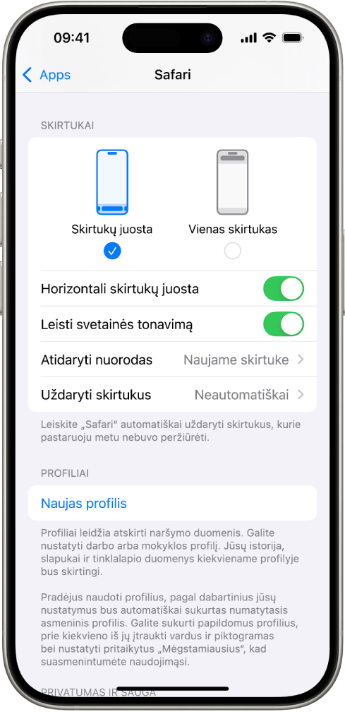 Ekranas, kuriame rodomi du „Safari“ maketai: „Tab Bar“ ir „Single Tab“.