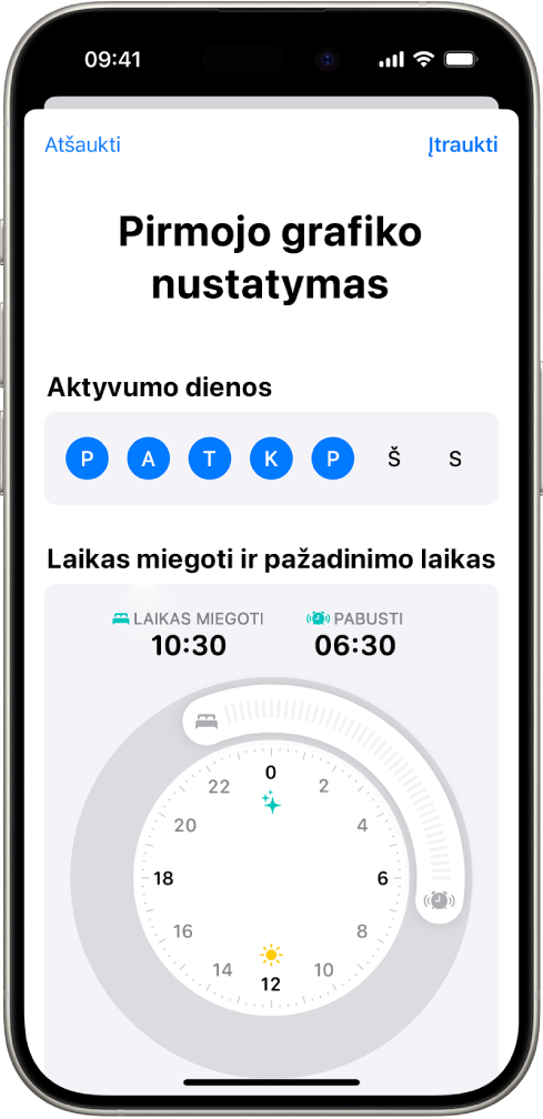 Programos „Sveikata“ ekranas „Nustatyti pirmąjį grafiką“ su skyriumi „Aktyvumo dienos“ ir laikrodžiu „Laikas miegoti ir pažadinimo laikas“.