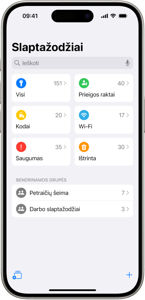 Programos „Slaptažodžiai“ pradžios ekranas, kuriame pateikiami mygtukai „Visi“, „Prieigos raktai“, „Patvirtinimo kodai“, „W-Fi“, „Apsauga“ ir „Ištrinti“, taip pat bendrinamų grupių sąrašas.