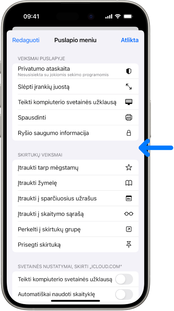 Meniu „Puslapio nustatymai“ atidarytas naršyklėje „Safari“, o „Ryšio saugos informacijos“ valdiklis yra puslapio viduryje.