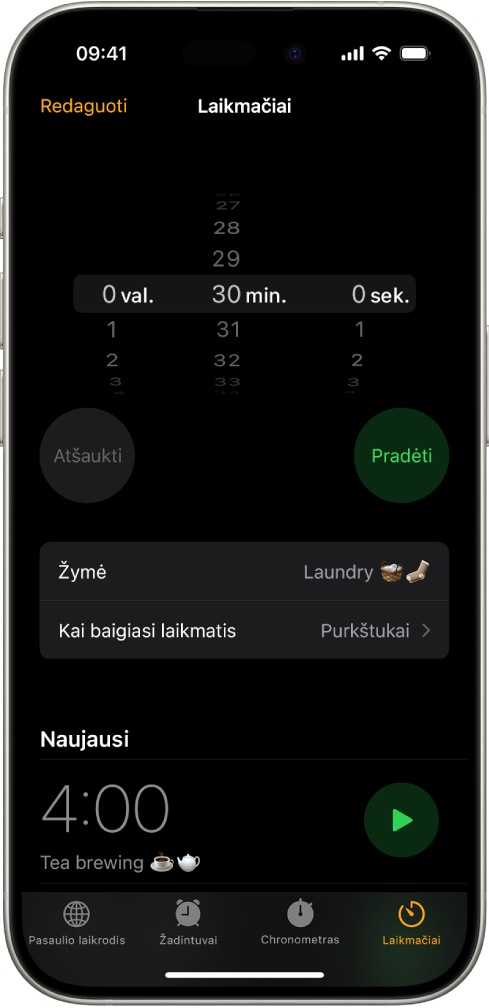 Laikmačio įtraukimo ekranas su laikmačio nustatymais ir mygtuku neseniai sukurtam laikmačiui paleisti.