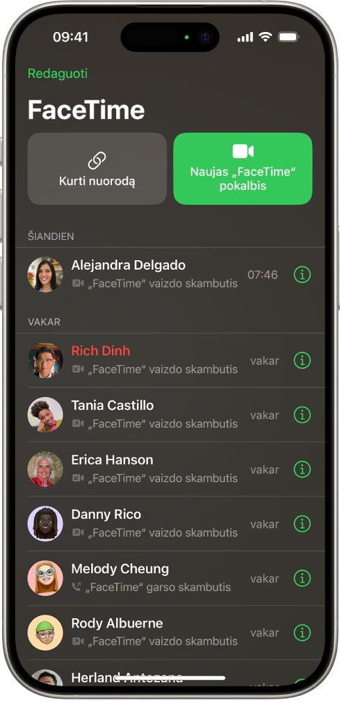 „FaceTime“ skambučio inicijavimo ekranas, kuriame rodomi mygtukai „Kurti nuorodą“ ir „Naujas „FaceTime“ pokalbis“ skirti „FaceTime“ skambučiui pradėti.