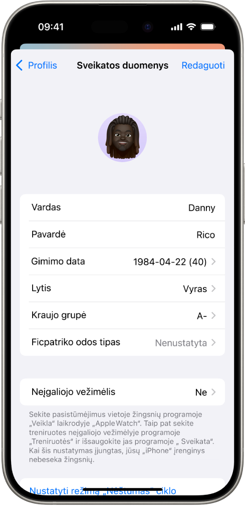 Sveikatos duomenų ekranas, kuriame yra vardo, pavardės, gimimo datos, kraujo grupės ir kitos informacijos laukai.
