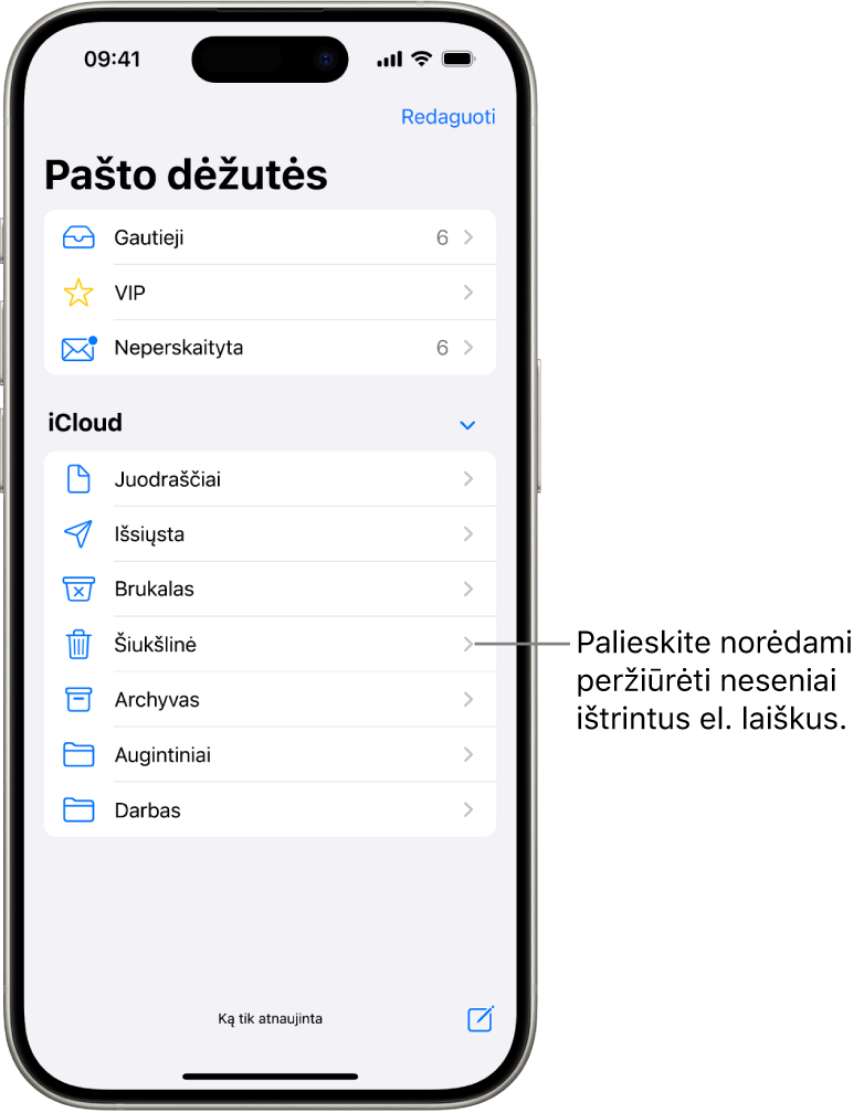 Ekranas „Pašto dėžutės“. Po „iCloud“ iš viršaus į apačią išvardytos pašto dėžutės, įskaitant pašto dėžutę „Perkelti į šiukšlinę“. Bakstelėkite ją, kad pamatytumėte neseniai ištrintus el. laiškus.