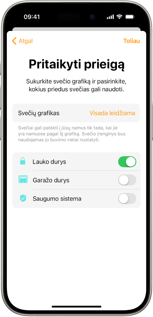 Pritaikytos prieigos ekranas programoje „Namai“. Ekrano viršuje yra svečių grafikas, o apačioje – priedai, kuriuos gali arba negali naudoti svečiai.