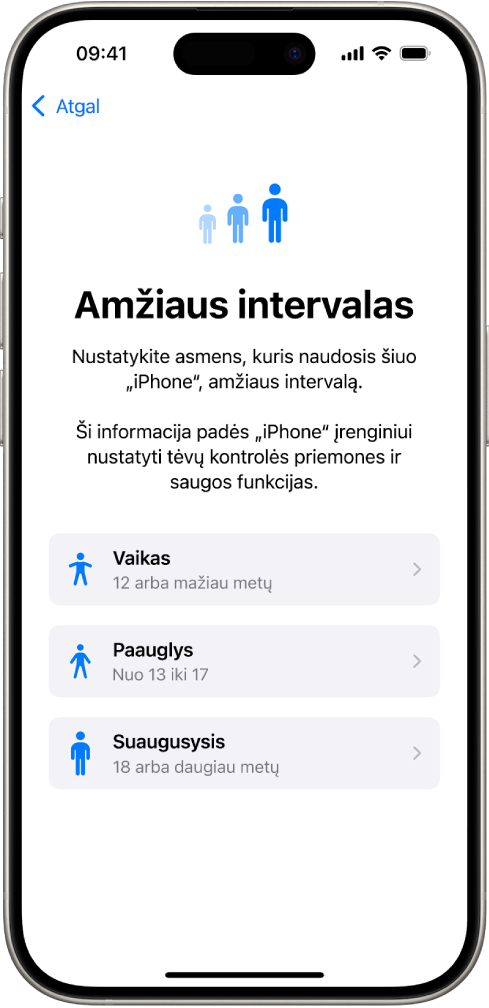 „Amžiaus intervalų“ sąrankos ekranas. Nurodyti trys intervalai: „Vaikas“ (12 ar mažiau metų), „Paauglys“ (13–17 metų) ir „Suaugusysis“ (18 ar daugiau metų).