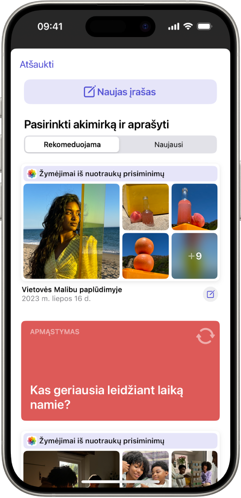 Ekranas, kuriame rodomas mygtukas „Naujas įrašas“ viršuje ir žurnalo pasiūlymai žemiau.