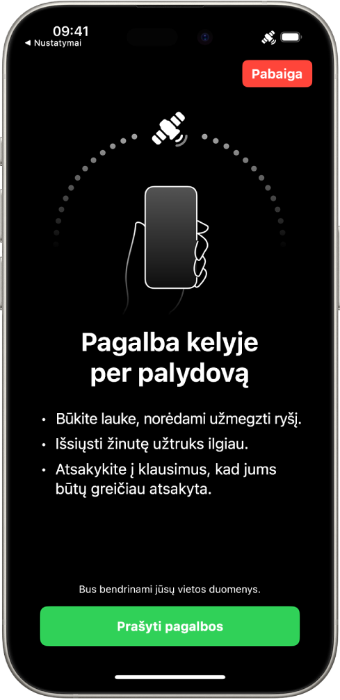 „Pagalba kelyje per palydovą“ ekranas. Ekrano apačioje yra mygtukas „Prašyti pagalbos“.
