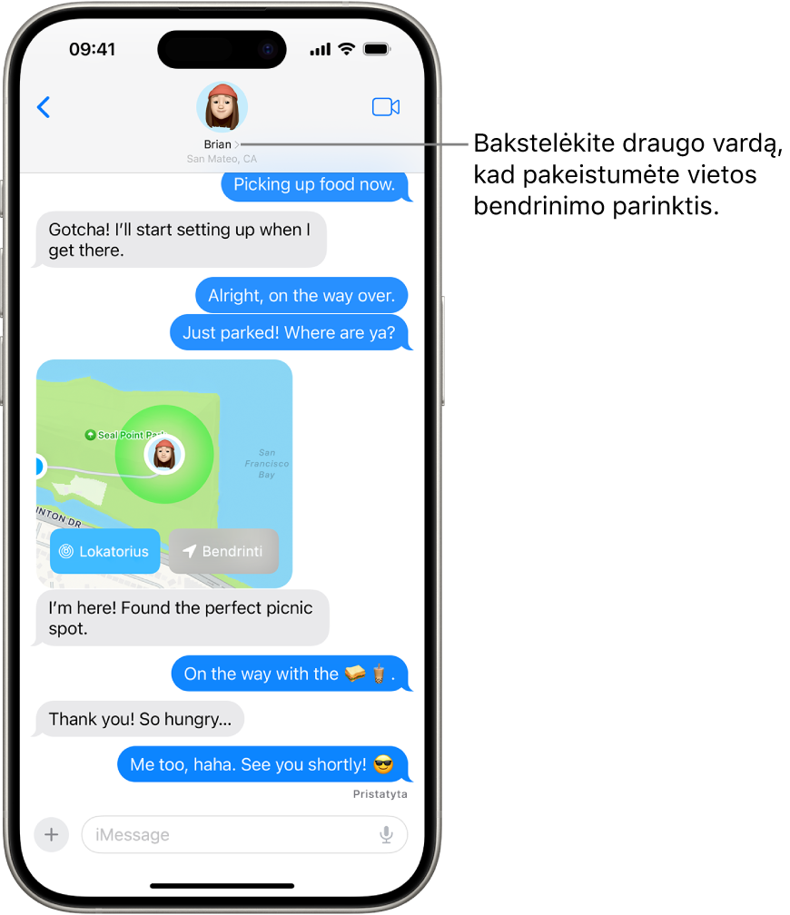 „Žinutės“ pokalbis su bendrinama vieta naudojant funkciją „Tikslusis radimas“.