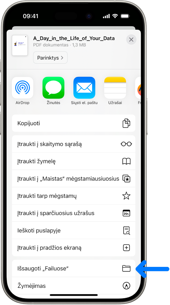 Programoje „Safari“ bakstelėtas PDF dokumente esantis mygtukas „Bendrinti“, ekrano apačioje rodomas parinkčių sąrašas, įskaitant „Išsaugoti „Failuose“.