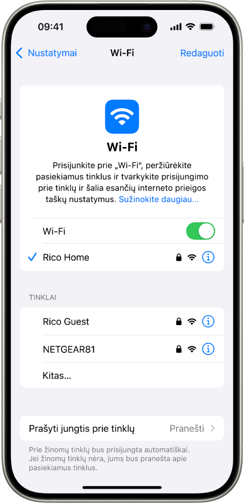 Programoje „Nustatymai“ esantis „Wi-Fi“ parinkčių ekranas. Įjungtas „Wi-Fi“ ryšys ir pasirinktas tinklas.