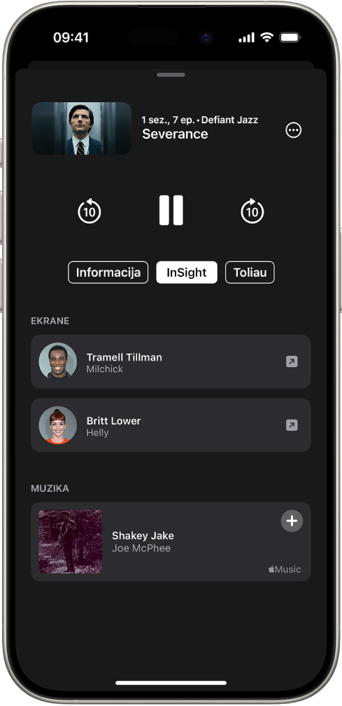„InSight“ ekranas programoje „Apple TV“, kuriame rodomi serialo aktoriai ir grojanti muzika.