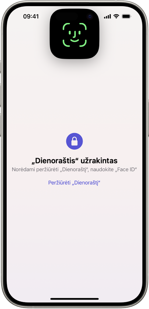 Ekranas, kuriame raginama naudoti „Face ID“ norint atrakinti žurnalą.