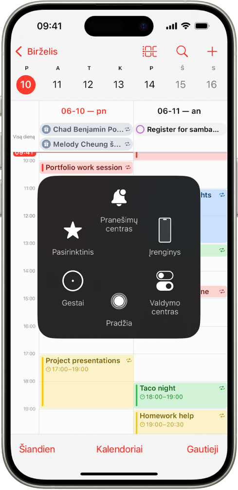 „iPhone“ su matomu „AssistiveTouch“ meniu su valdikliais „Pranešimų centras“, „Įrenginys“, „Valdymo centras“, „Namai“, „Gestai“ ir „Pasirinktinis“.