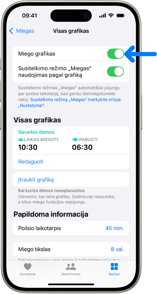 Programos „Sveikata“ miegojimo ekrano „Visas grafikas“ viršuje rodoma įjungta parinktis „Miego grafikas“.