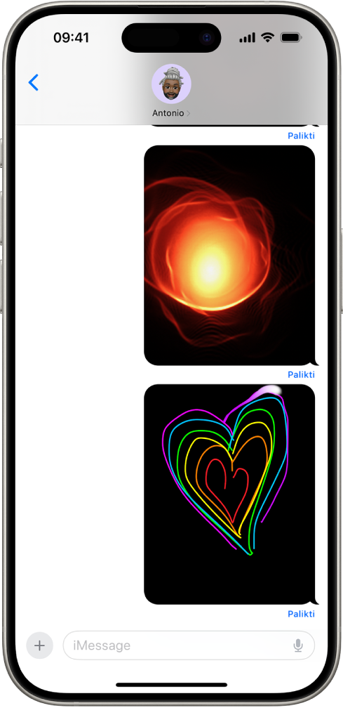 „Žinutės“ pokalbis su „Digital Touch“ gestu ir animacija.