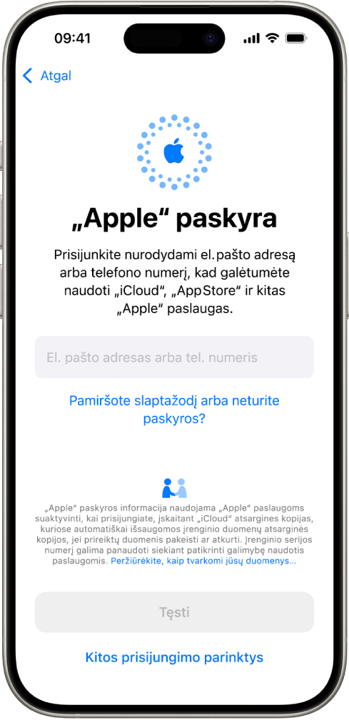 Prisijungimo prie „Apple“ paskyros ekranas.