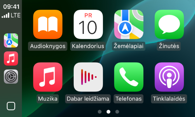 „CarPlay“ pradžios ekranas, kurio šoninėje juostoje rodomos funkcijos „Žemėlapiai“, „Muzika“ ir „Žinutės“ Dešinėje yra „Audioknygos“, „Kalendorius“, „Žemėlapiai“, „Žinutės“, „Muzika“, „Dabar leidžiama“, „Telefonas“ ir „Tinklalaidės“.