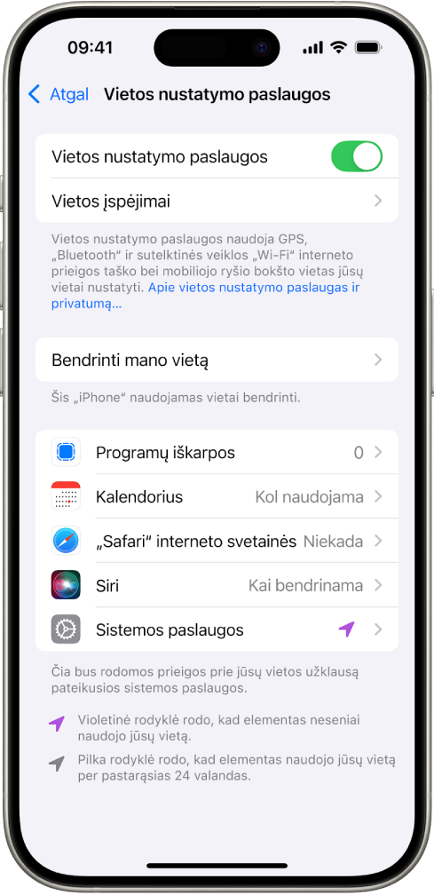 Ekranas „Vietos nustatymo paslaugos“, pateikiami nustatymai, skirti bendrinti „iPhone“ buvimo vietą su programomis.