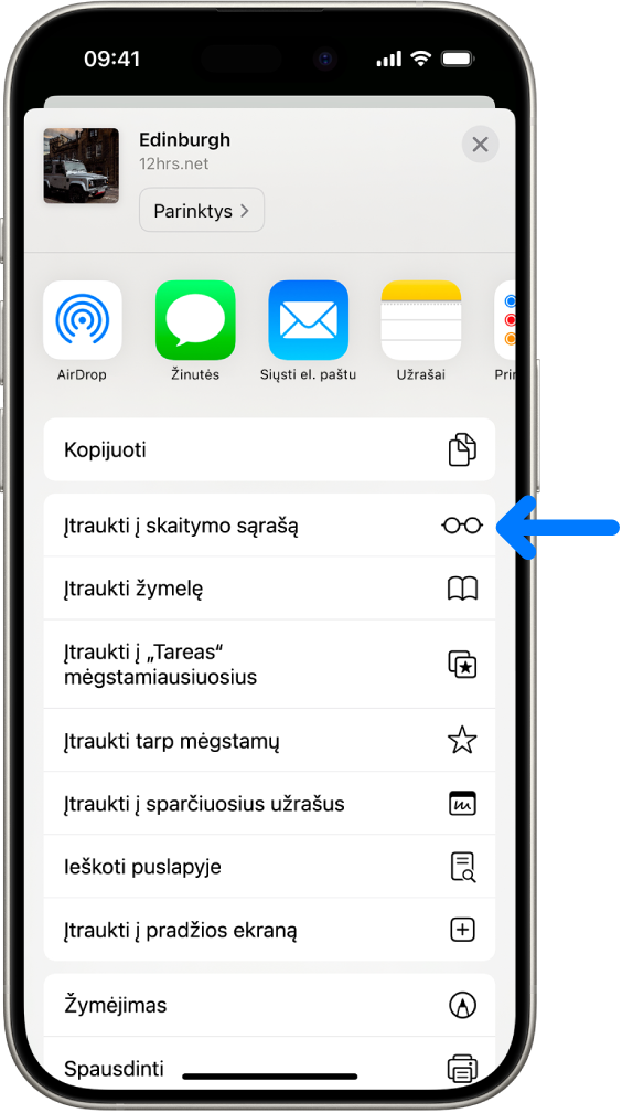Programoje „Safari“ bakstelėtas tinklalapio mygtukas „Bendrinti“, rodomas parinkčių sąrašas, įskaitant „Įtraukti į skaitymo sąrašą“.