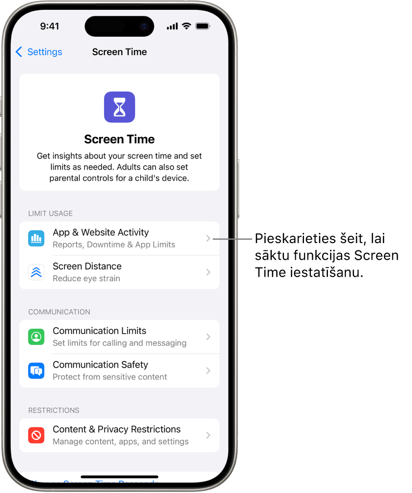 Ekrāns, lai iestatītu Screen Time, kur redzams, ka darba iesākšanai pieskaraties App & Website Activity.