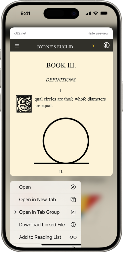 Tīmekļa vietnes priekšskatījums, kam seko iespējamo darbību saraksts: Open, Open in New Tab, Open in Tab Group, Download Linked File, Add to Reading List.