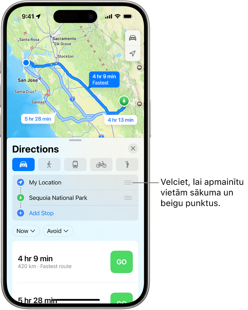 Karte ar norādēm vairākiem iespējamiem maršrutiem braukšanai ar automašīnu no My Location līdz galamērķim.