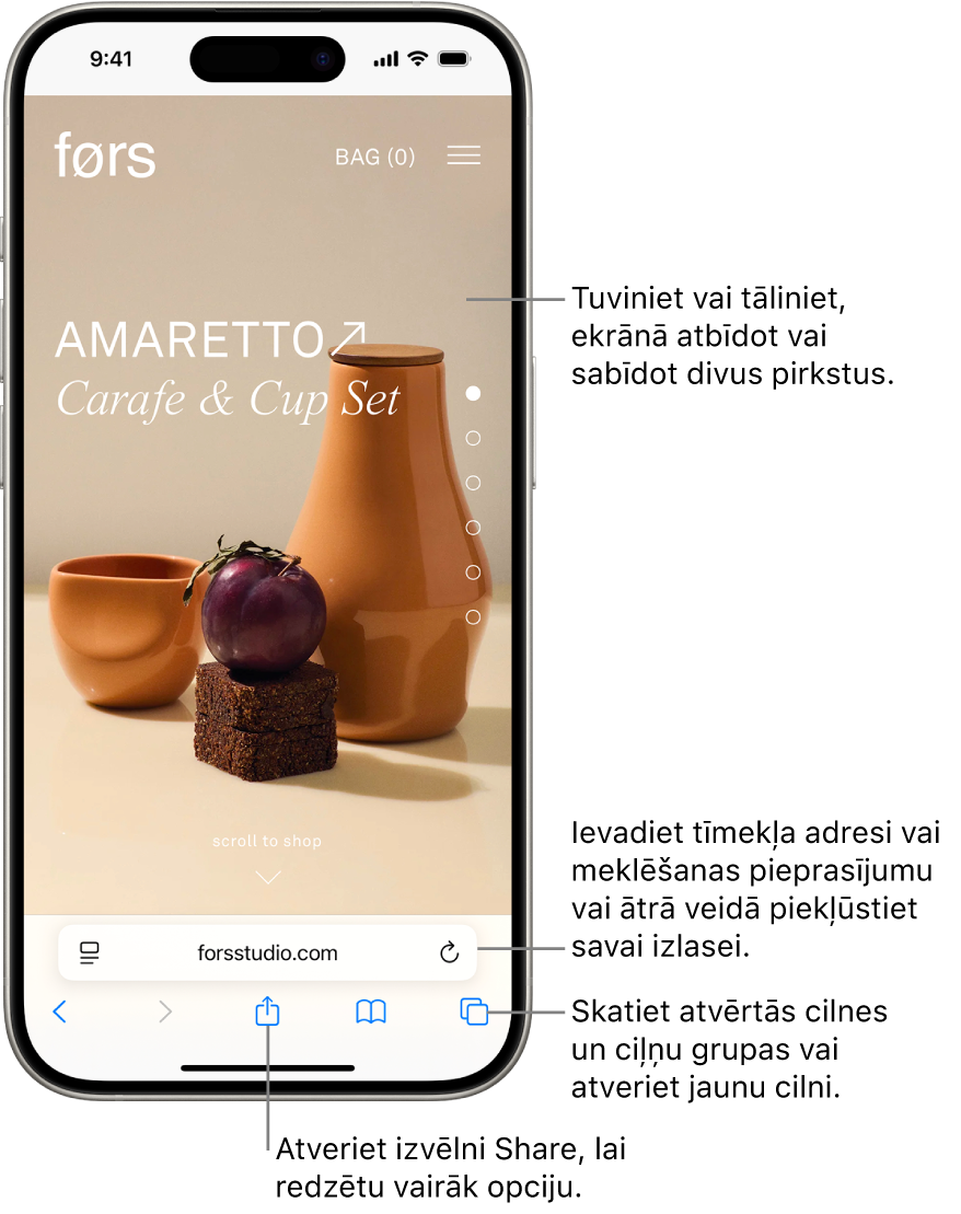 Lietotnē Safari atvērta tīmekļa vietne ar adrešu lauku apakšdaļā. Apakšā no kreisās puses uz labo ir izvietotas pogas Back, Forward, Share, Bookmarks un Tabs.
