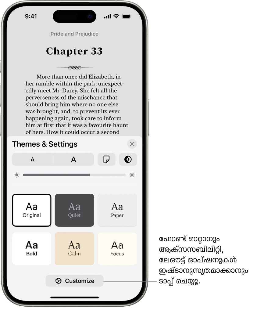 പുസ്തകങ്ങൾ ആപ്പിലെ ഒരു പുസ്തകത്തിന്റെ ഒരു പേജ്. ‘തീമുകളും ക്രമീകരണവും’ ഓപ്ഷനുകൾ ഫോണ്ട് വലിപ്പം, സ്ക്രോളിങ് കാഴ്ച, പേജ് മറിക്കൽ സ്റ്റൈൽ, ബ്രൈറ്റ്നസ്, ഫോണ്ട് സ്റ്റൈൽ എന്നിവയ്ക്കുള്ള നിയന്ത്രണങ്ങൾ കാണിക്കുന്നു.