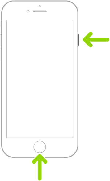 Touch ID ഉള്ള iPhone. ഒരു സ്ക്രീൻഷോട്ട് എങ്ങനെ എടുക്കാമെന്ന് കാണിക്കാൻ ഒരു അമ്പടയാളം സൈഡ് ബട്ടണിലേക്ക് പോയിന്റ് ചെയ്യുന്നു, മറ്റൊരു അമ്പടയാളം ഹോം ബട്ടണിലേക്ക് പോയിന്റ് ചെയ്യുന്നു.