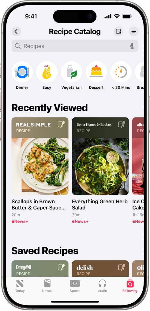 Apple News+ ൽ റെസിപ്പി തിരയൽ.
