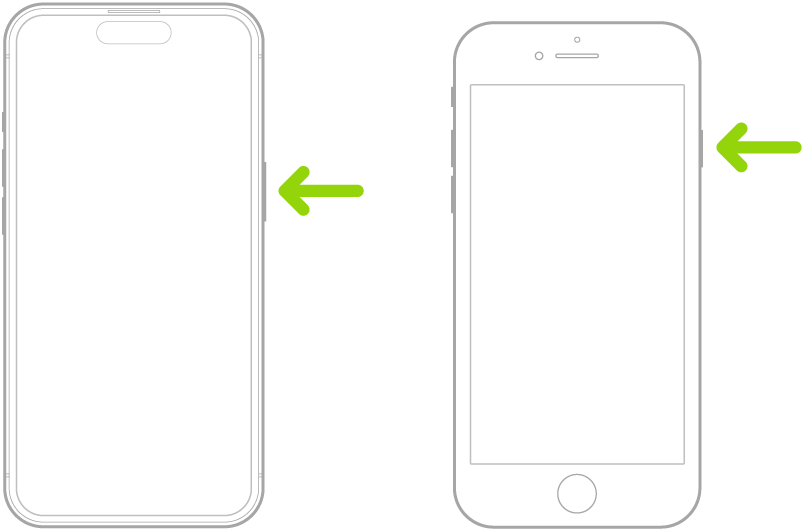 iPhone-ന്റെ വലതുവശത്തുള്ള ബട്ടണിലേക്ക് ചൂണ്ടുന്ന ഒരു പച്ച അമ്പടയാളം.