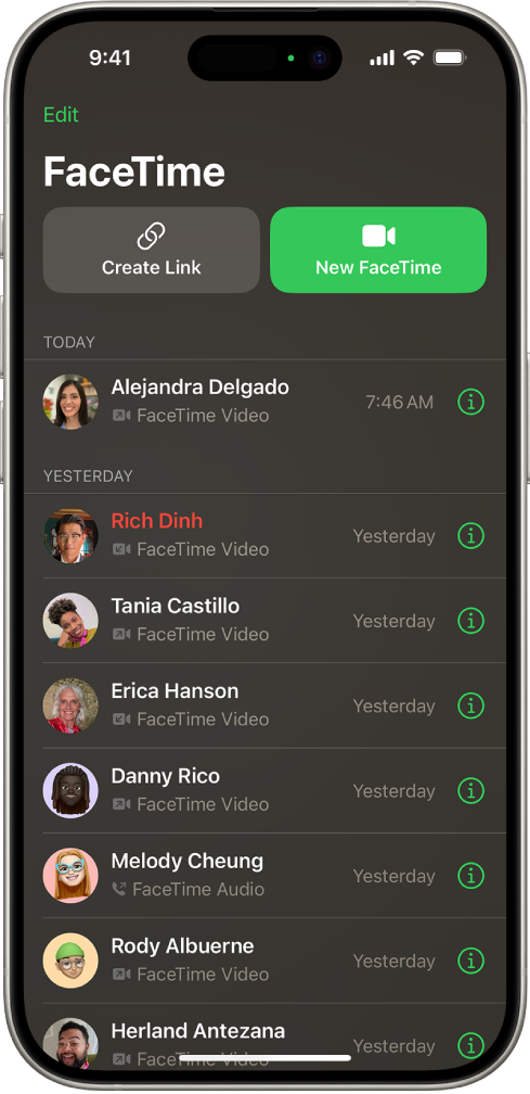 ‘लिंक तयार करा’ बटण आणि FaceTime कॉल सुरू करण्यासाठी नवीन FaceTime बटण दाखवणारी FaceTime कॉल सुरू करण्यासाठीची स्क्रीन.