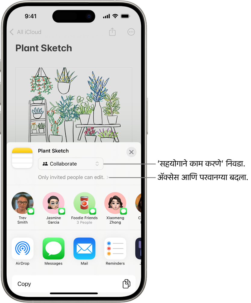 ‘नोट्स’ मध्ये चित्र काढण्यासाठी सहयोगाचे आमंत्रण, शेअर करण्याच्या पर्यायासाठी ‘सहयोग करा’ दर्शवते आणि ॲक्सेस आणि परवानगीचे सेटिंग म्हणून “फक्त तुम्ही आमंत्रित केलेले लोकच संपादित करू शकतात” दर्शवते. गट समाविष्ट करुन, चार संभाव्य प्राप्तकर्ते, त्याच्या खाली एक रो तयार करतात. खालच्या रोमध्ये नोट शेअर करण्यासाठी वेगवेगळे मार्ग उपलब्ध आहेत : AirDrop, ‘संदेश’, Mail आणि Freeform.