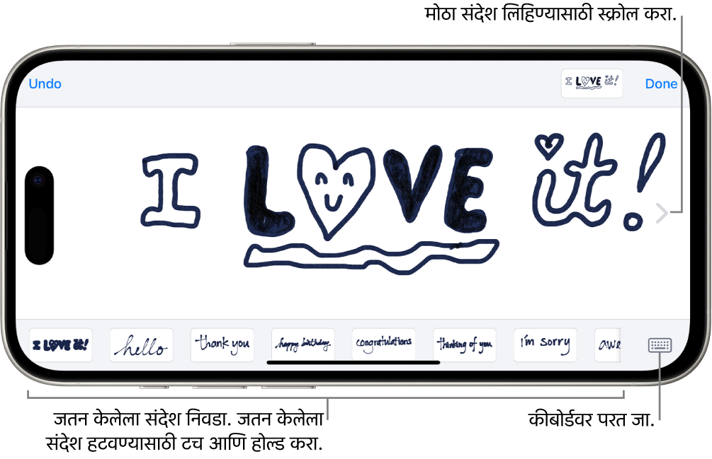 हस्तलिखित संदेश तयार करण्यासाठी कॅनव्हास. तळाशी, डावीकडून उजवीकडे, ‘जतन केलेले हस्तलिखित आयटम’ आणि कीबोर्ड बटण आहेत.