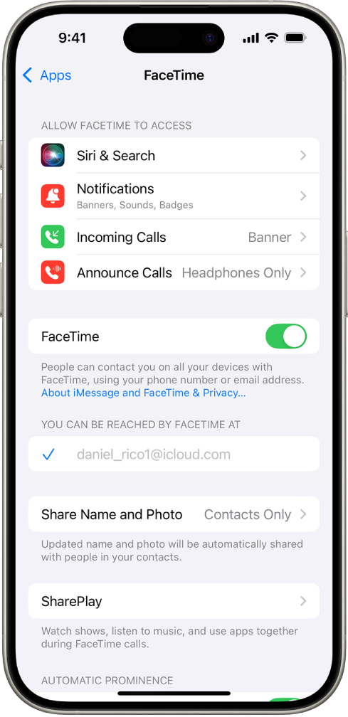 FaceTime चालू किंवा बंद करण्यासाठी स्विच आणि FaceTime साठी तुमच्या Apple अकाउंटसह असलेले फील्ड दाखवणारी FaceTime सेटिंग स्क्रीन.