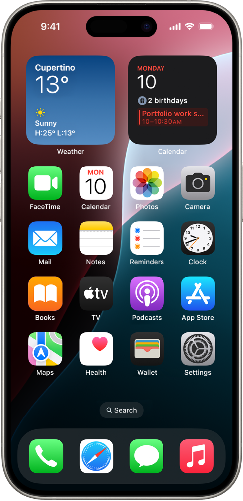 डार्क मोड चालू असलेला iPhone होम स्क्रीन.