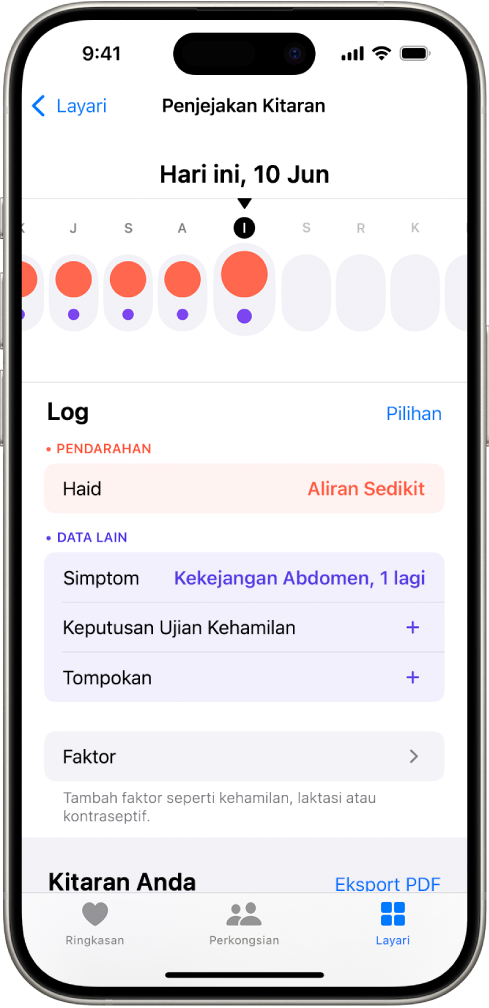 Skrin Penjejakan Kitaran menunjukkan garis masa untuk seminggu di bahagian atas skrin. Bulatan merah padu dan titik ungu menandakan 5 hari pertama pada garis masa. Di bawah garis masa ialah pilihan untuk menambah maklumat tentang haid, simptom dan banyak lagi.