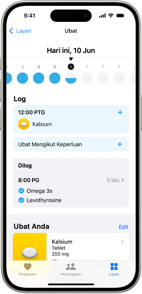 Skrin Ubat dalam Kesihatan menunjukkan tarikh dan log untuk ubat.