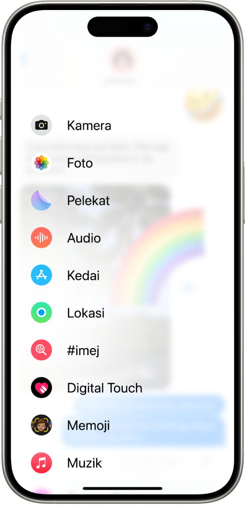 Selepas mengetik butang App dalam perbualan Mesej, senarai ciri untuk menambah ke mesej anda kelihatan.