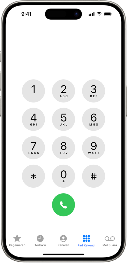 Pad kekunci dalam app Telefon, memaparkan nombor 1 hingga 9. Di bawah pad kekunci ialah butang Panggilan hijau. Di bahagian bawah ialah butang untuk Kegemaran, Terbaru, Kenalan, Pad Kekunci (dipilih) dan Mel Suara.