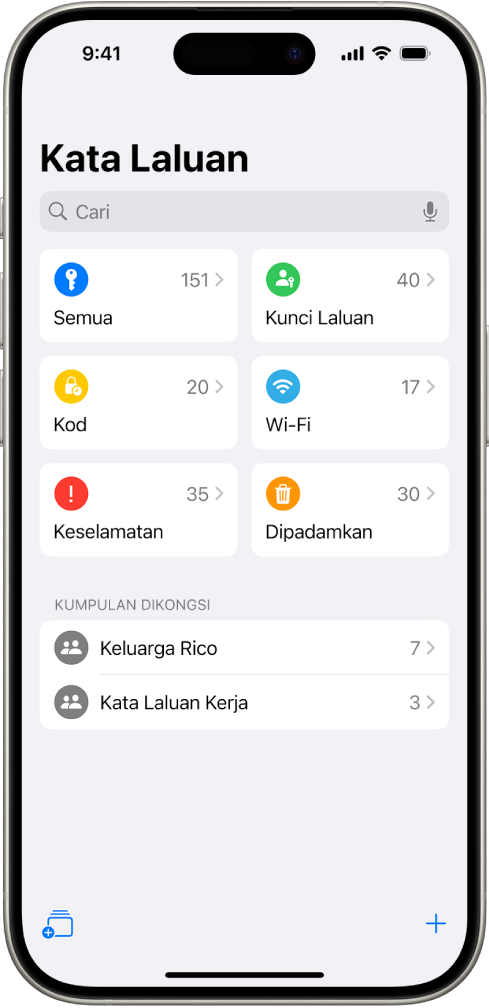 Skrin Utama untuk app Kata Laluan, dengan butang untuk Semua, Kunci Laluan, Kod Pengesahan, Wi-Fi, Keselamatan dan Dipadamkan, bersama dengan senarai Kumpulan Dikongsi.