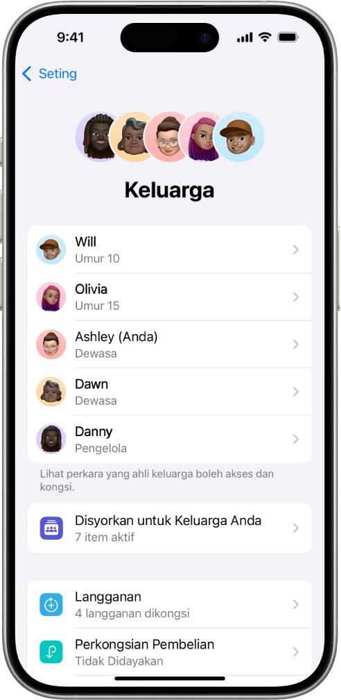 Skrin Perkongsian Keluarga dalam Seting. Lima ahli keluarga disenaraikan. Di bawah nama mereka ialah pengesyoran keluarga, Langganan dan pilihan Perkongsian Pembelian.