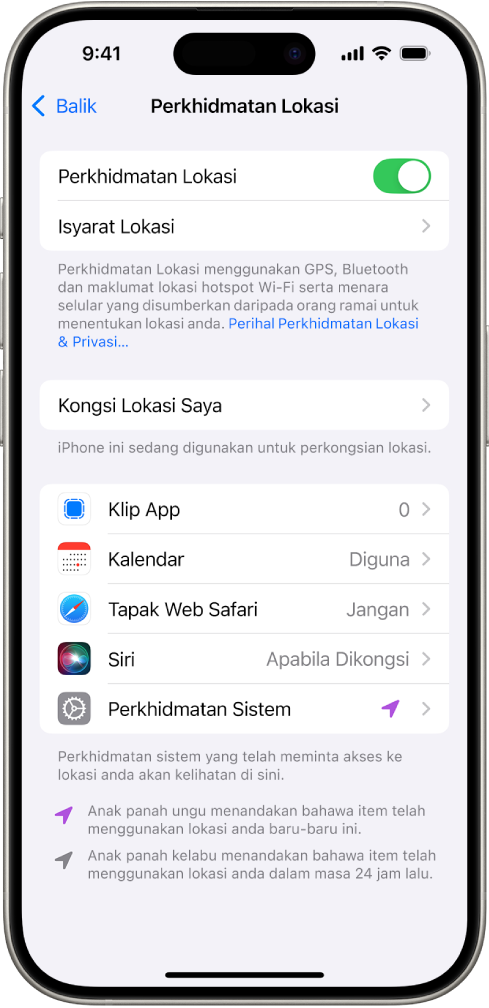 Skrin Perkhidmatan Lokasi, dengan seting untuk berkongsi lokasi iPhone anda dengan app.