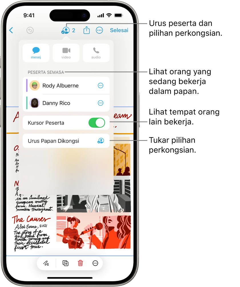 Papan Freeform dikongsi pada iPhone dengan menu kerjasama dibuka.