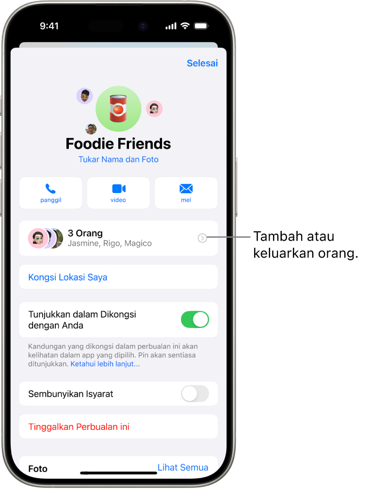 Butiran perbualan untuk kumpulan.