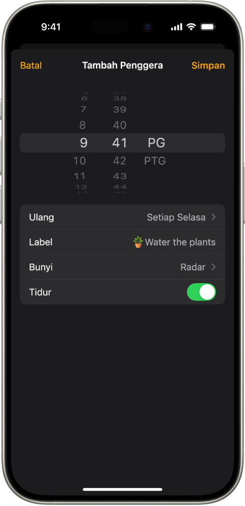 Skrin untuk menukar penggera, dengan seting untuk menukar masa penggera, memilih sama ada penggera berulang, menambah label penggera, memilih bunyi penggera dan mengaktifkan tidur.